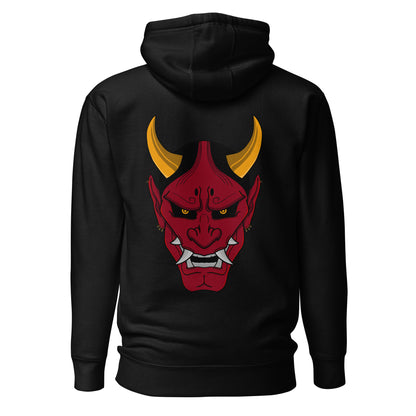 Black Oni Mask Hoodie With Red Embroidered Front Logo